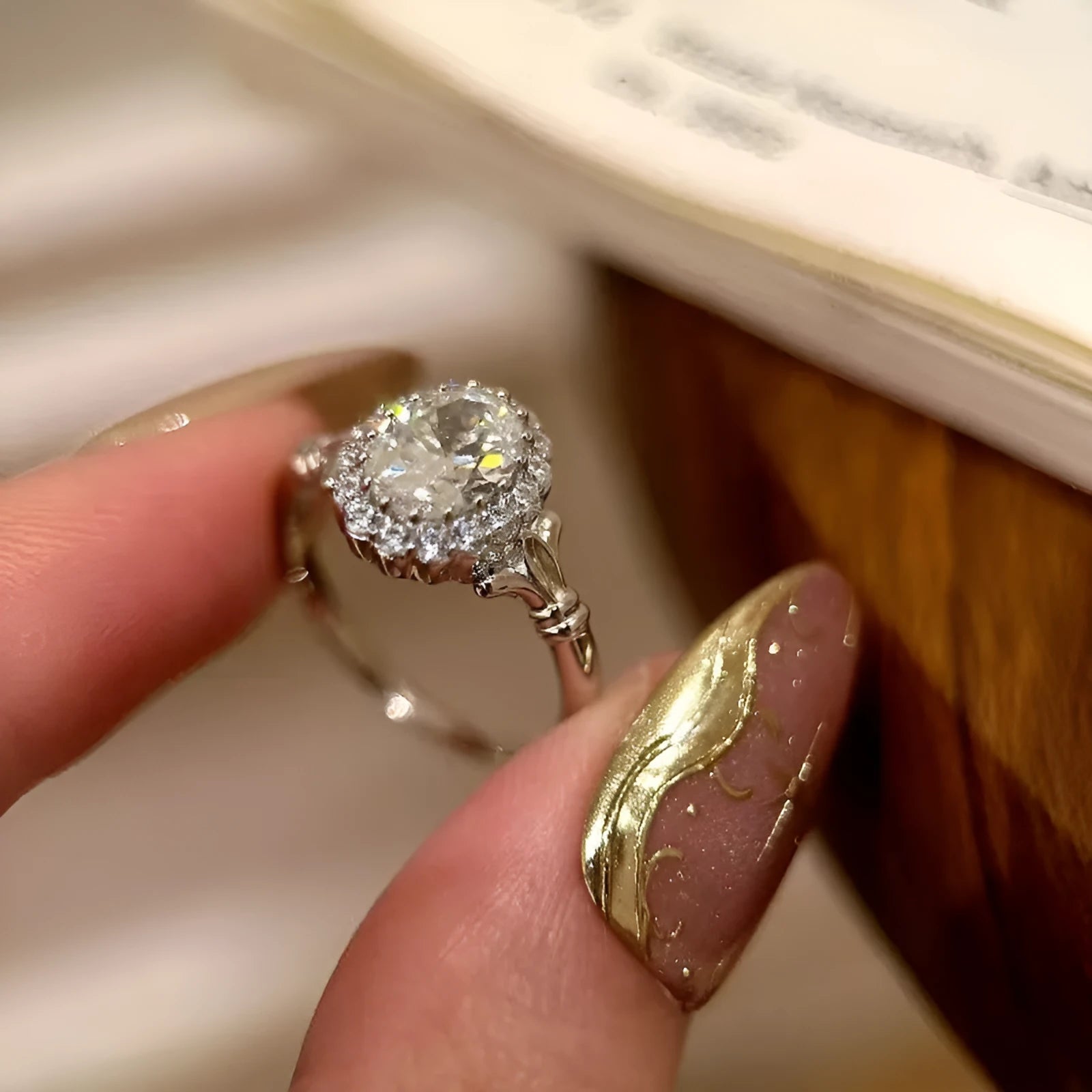 Silver adjustable bridal ring with geometric diamond design and ellipse shape