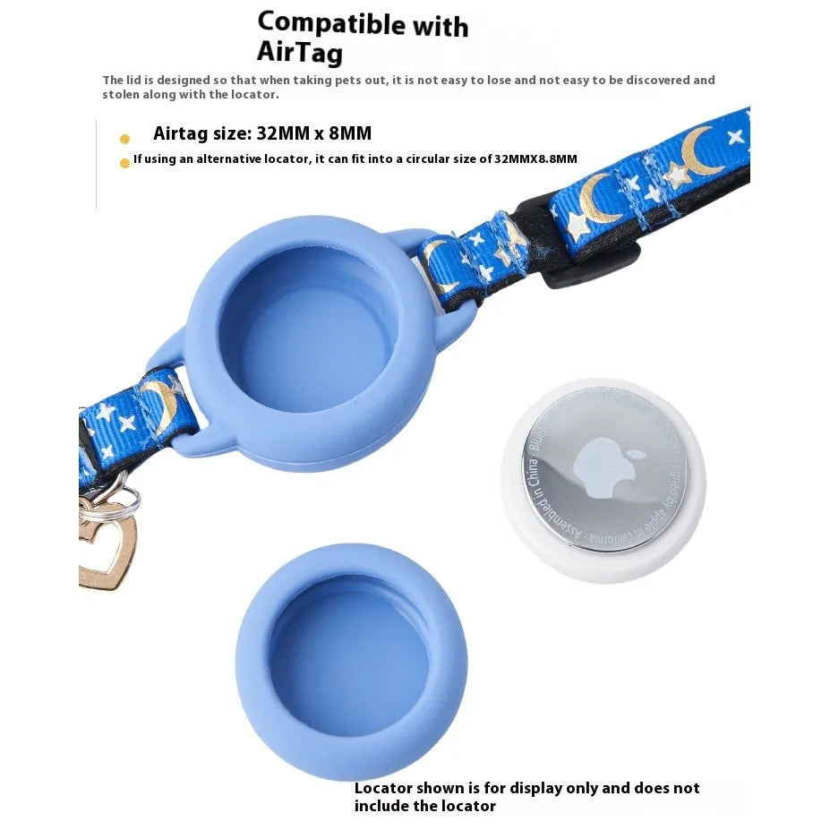 Plastic Airtag protective case for a cat collar in blue, shown next to a collar.