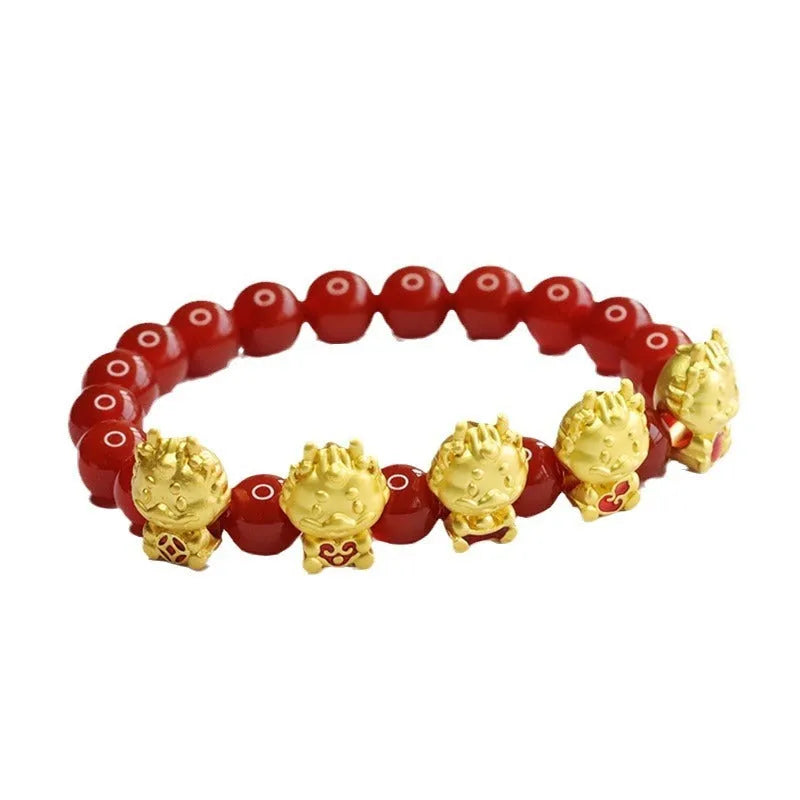 Red agate bracelet with Five Blessing Dragon design in Chinese style, 8mm beads