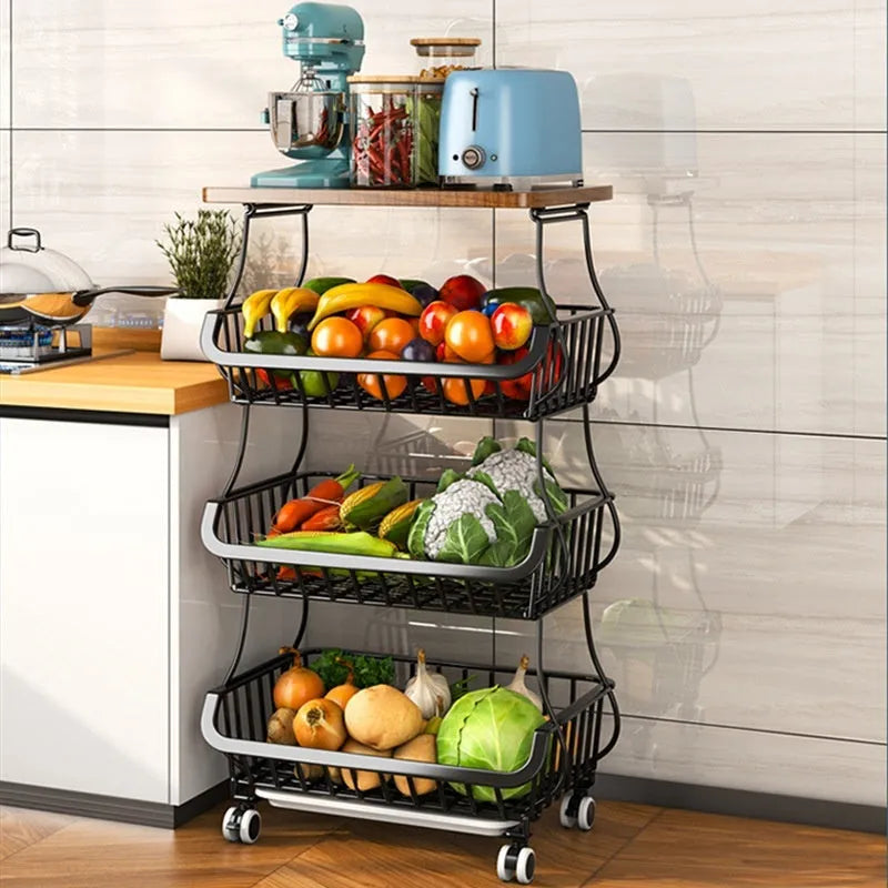 Black six-tier freestanding kitchen storage rack with a carbon steel frame on a hard floor.
