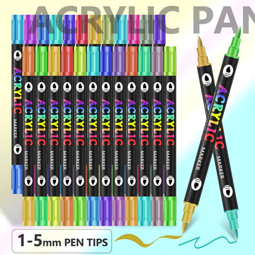 Set of double-headed acrylic marker pens showing both tips, with opaque washable ink in multiple colours.