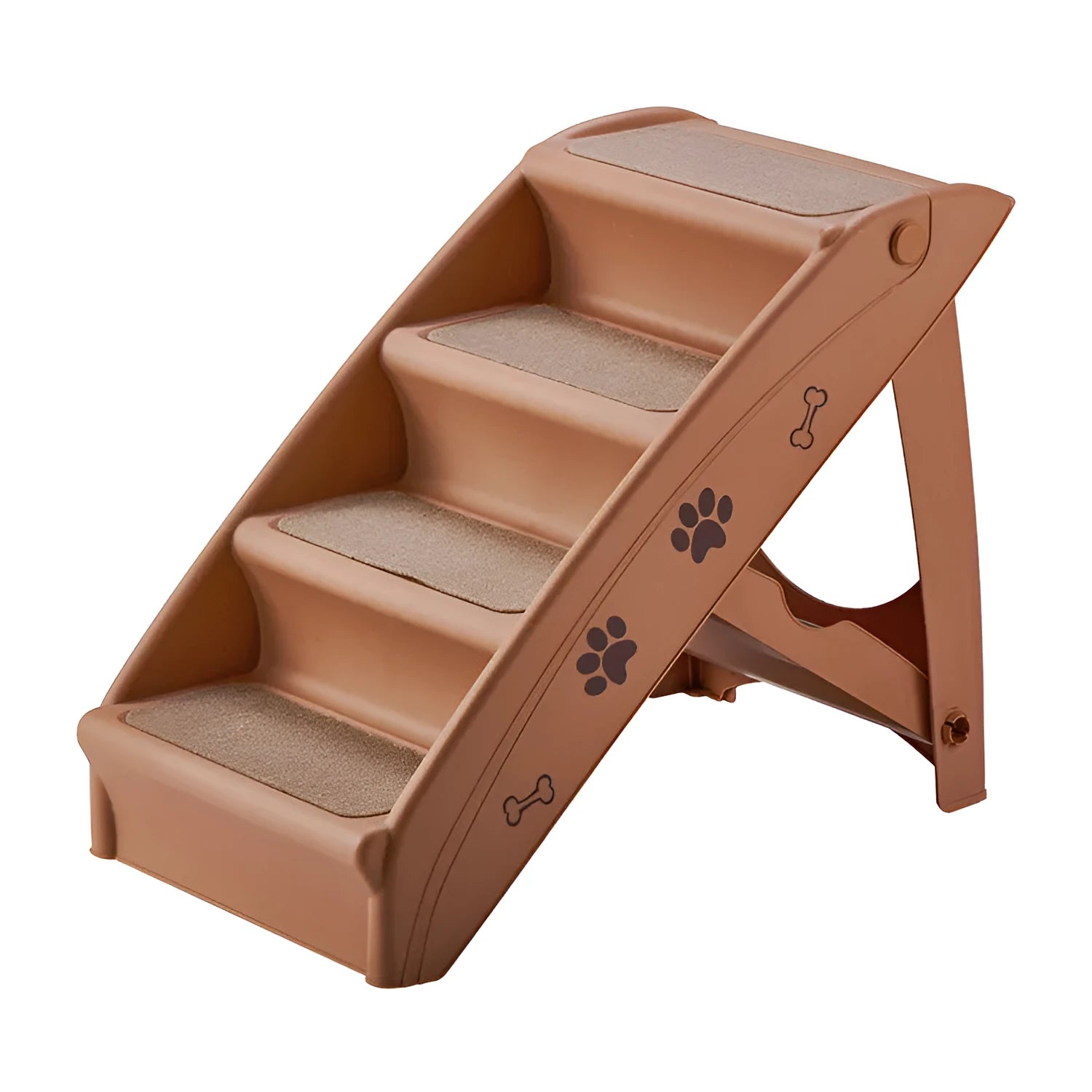 Foldable grey plastic pet ladder with non-slip stairs next to a sofa for small dogs and cats.