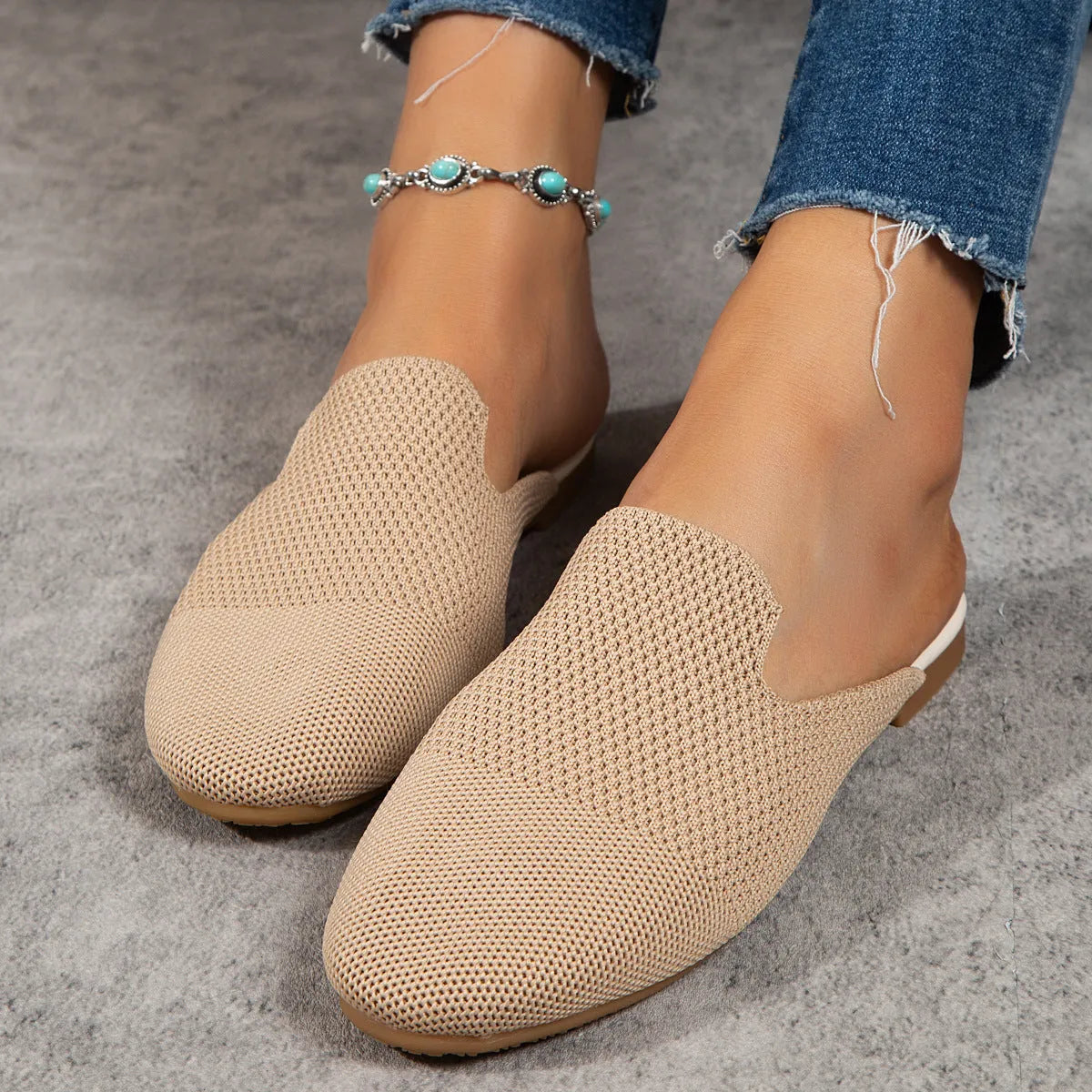 Women's apricot coloured mesh slip-on sandals with round toe and flat rubber sole