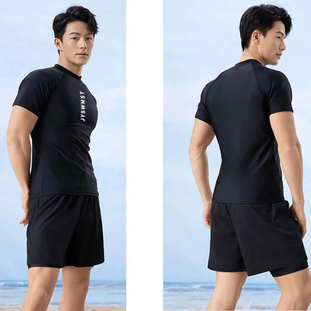 Men's patterned swimsuit set with top and pants in polyester fabric