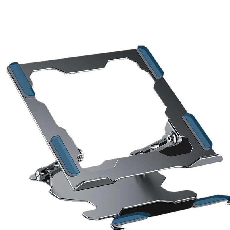 Grey adjustable aluminum laptop stand showing folding mechanism and hollow cooling design