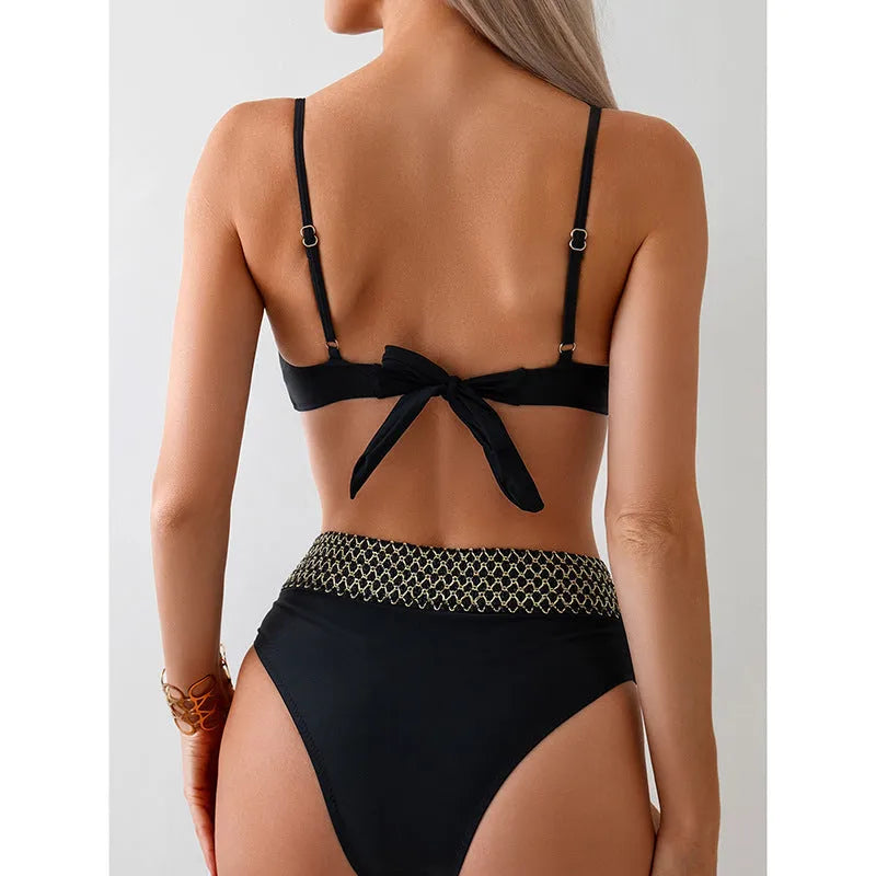 Black European and American style split bikini swimsuit with high elasticity polyester fabric