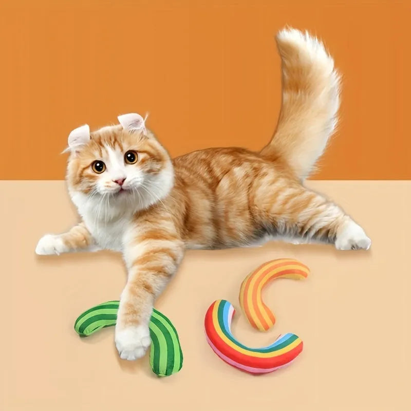Striped pattern cat pillow toy measuring 23x20cm with built-in catnip and noise component.