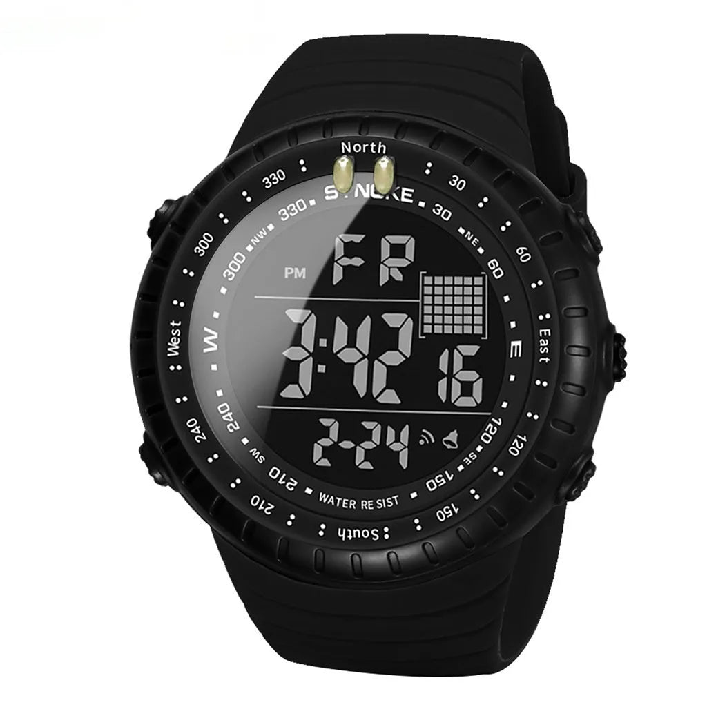 Black men's waterproof digital watch with large 54.74mm dial and WR50M water resistance rating