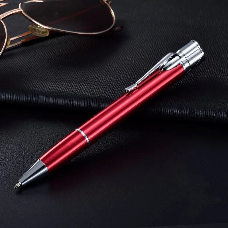 Metal windproof pen lighter showing jet flame, available in black blue red rose red silver yellow colours