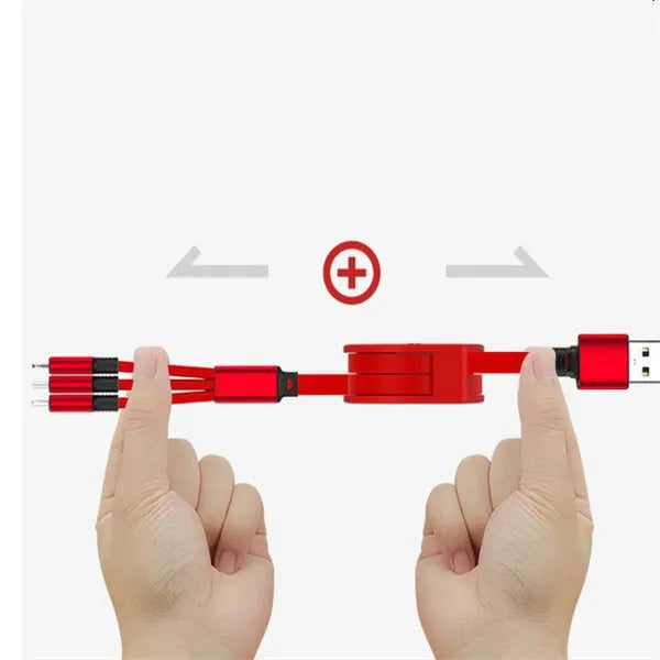 Telescopic charging cable extended to 120 cm with 3-in-1 connectors in multiple colour options