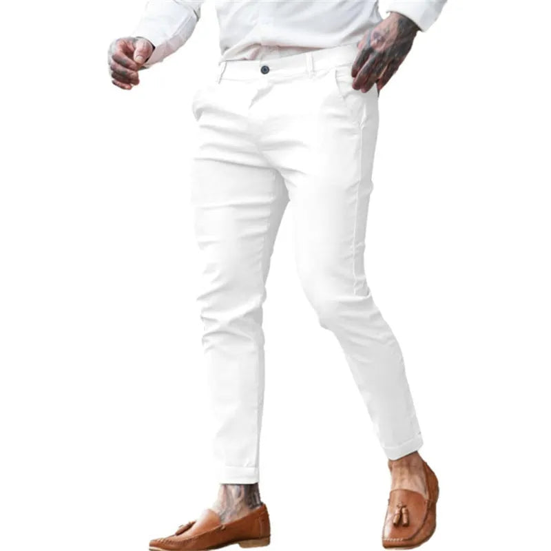 Men's slim fit pencil trousers in cotton twill with high elasticity, showing colour options and pencil silhouette