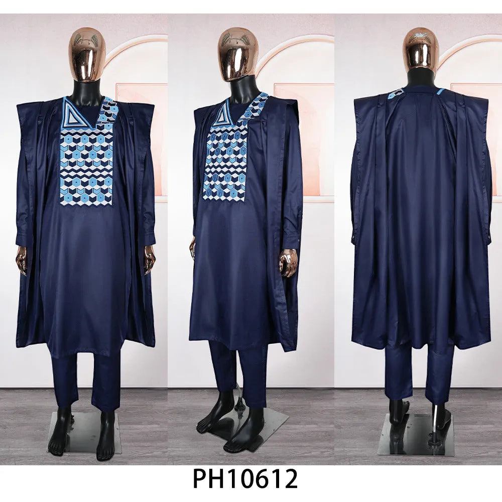 Men's dark blue polyester three-piece suit set with embroidered jacket