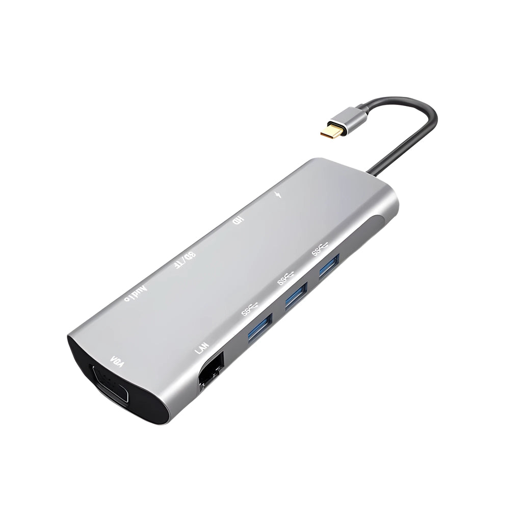 Grey aluminium USB-C docking station with HDMI, VGA, USB ports, and a short cable.