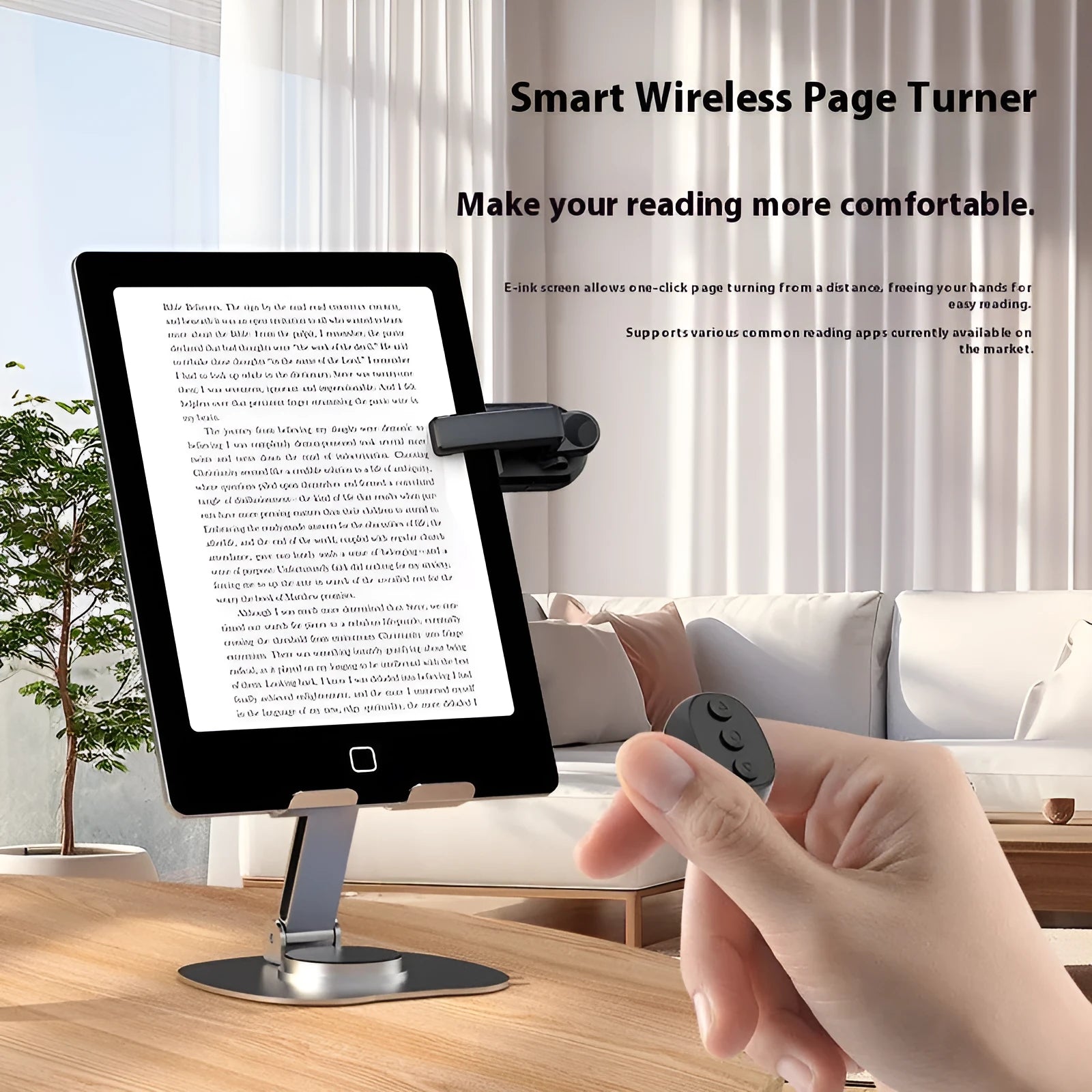 Wireless page turner remote control with clicker for hands-free reading on tablets and e-readers.