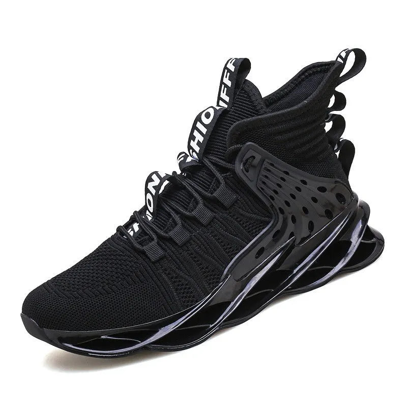 Men's flyknit blade sole mid-top sneakers in white and black colourway