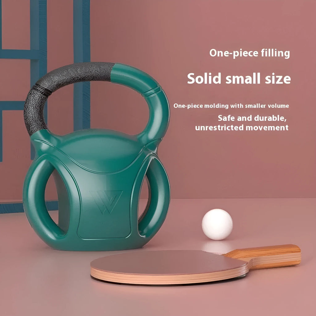 Colourful kettlebells in pink, lavender, and dark green with different weight options for home fitness