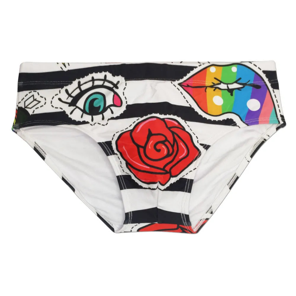 Men's striped tight underwear in rose colour nylon with polyester lining, available in sizes M to XXL