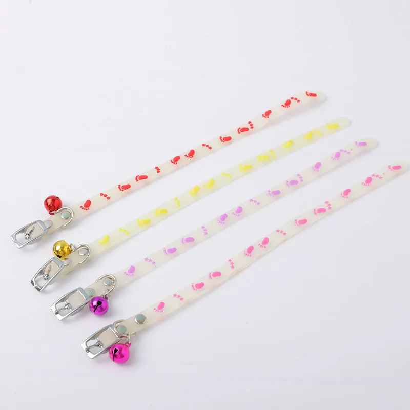Glow-in-the-dark adjustable cat collar with metal bell in love, fishbone, footprint or paw print design