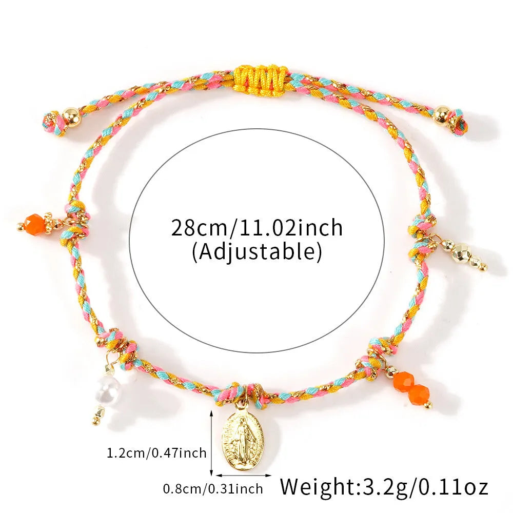 Close-up of a hand-woven colourful braided rope bracelet for women, showing textured ethnic style.