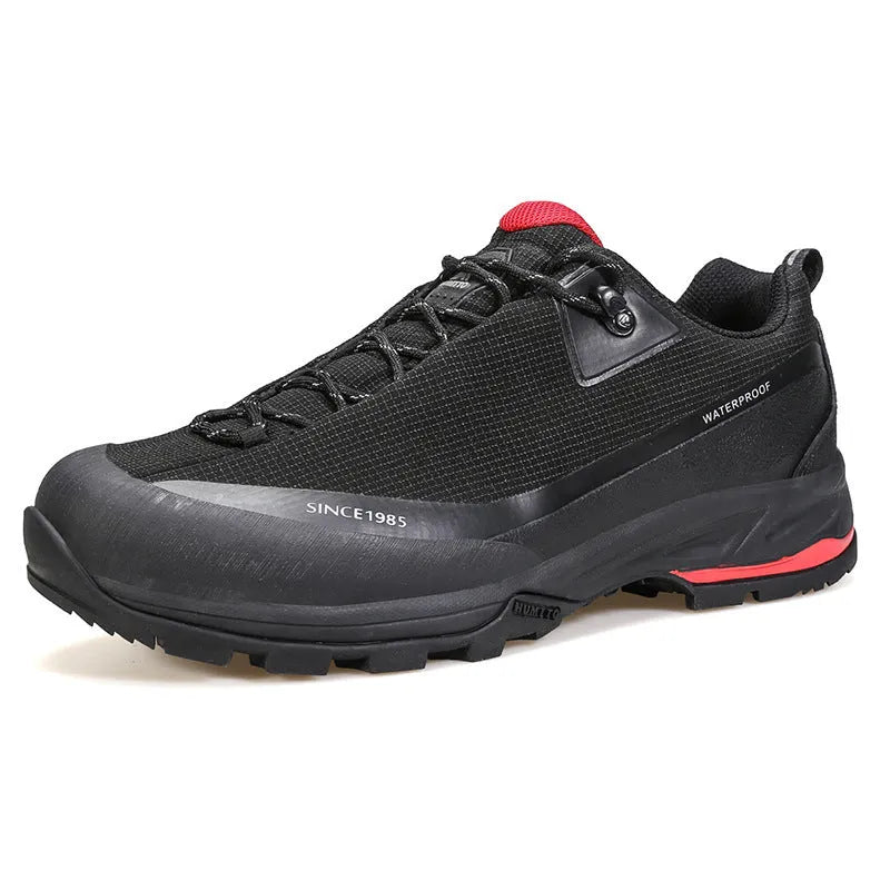 Men's low-top mountain climbing shoes with leather mesh upper and non-slip rubber outsole in black colour