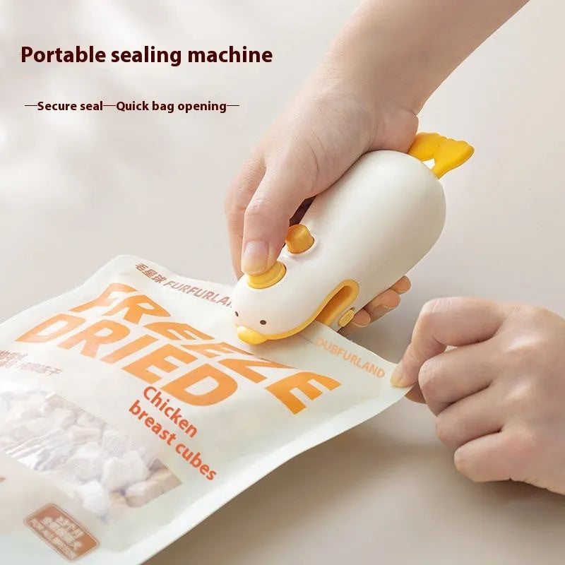Yellow duck-shaped rechargeable handheld heat sealing machine with USB charging cable