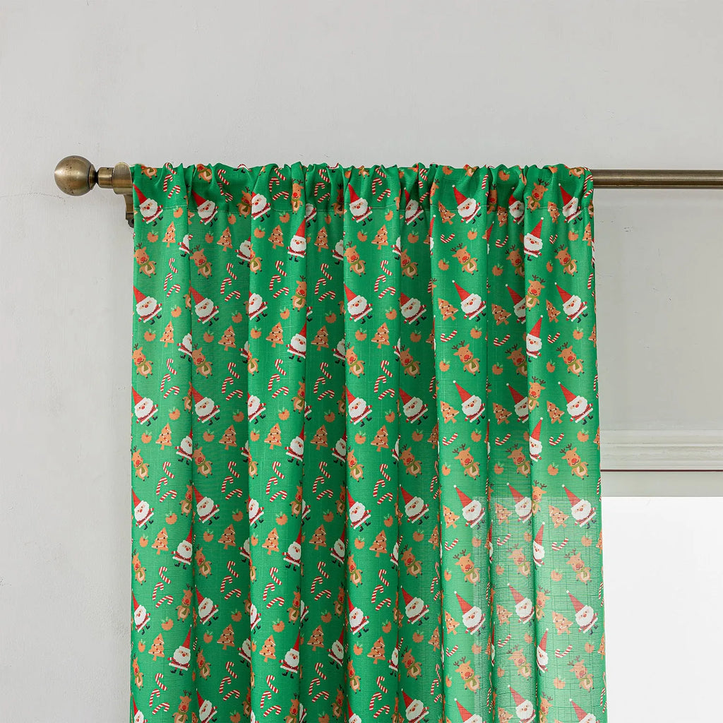 Green and red snowman angel print Christmas curtain with windproof semi-sun shade function