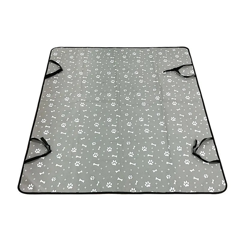 Cloth car pet mat for rear seat protection, shown in a dog bone print design on a grey background.