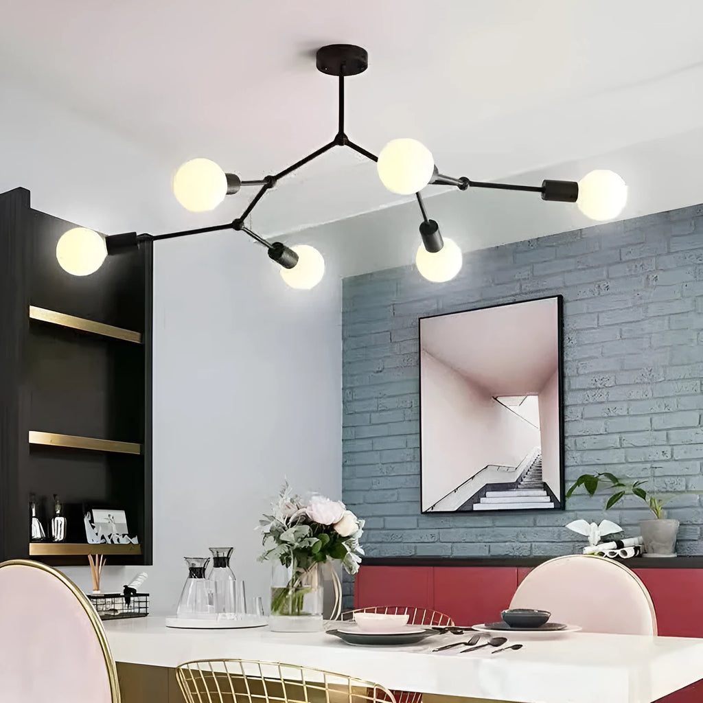 Nordic style iron ceiling chandelier with multiple black heads against a white background.