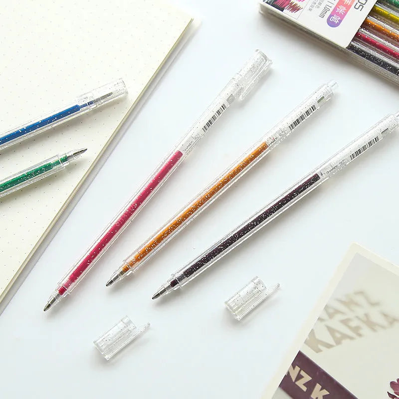 Colour changing flashing LED gel pen set with 8 transparent plastic pens showing internal mechanism
