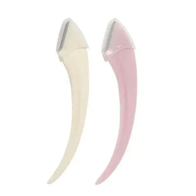 White and pink eyebrow trimmer with stainless steel blade and curved plastic comb