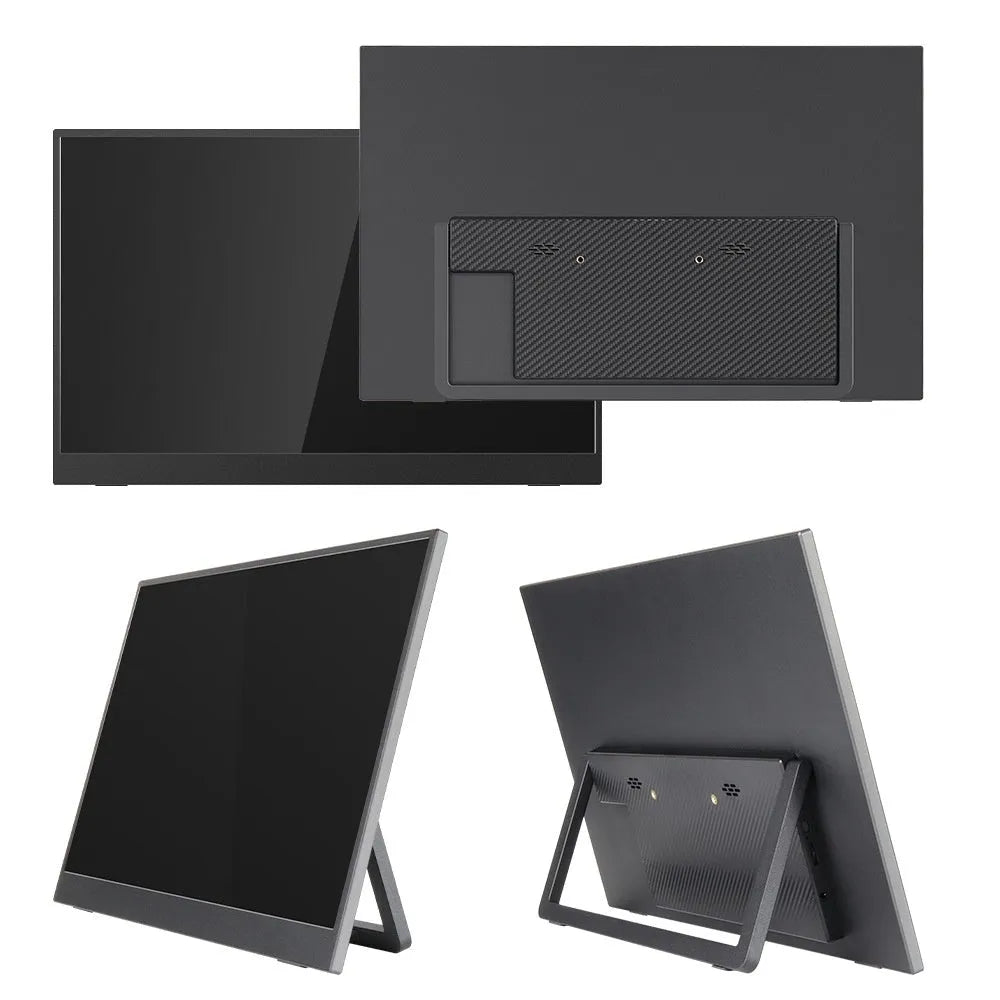Black 15.6-inch portable monitor with adjustable stand on office desk