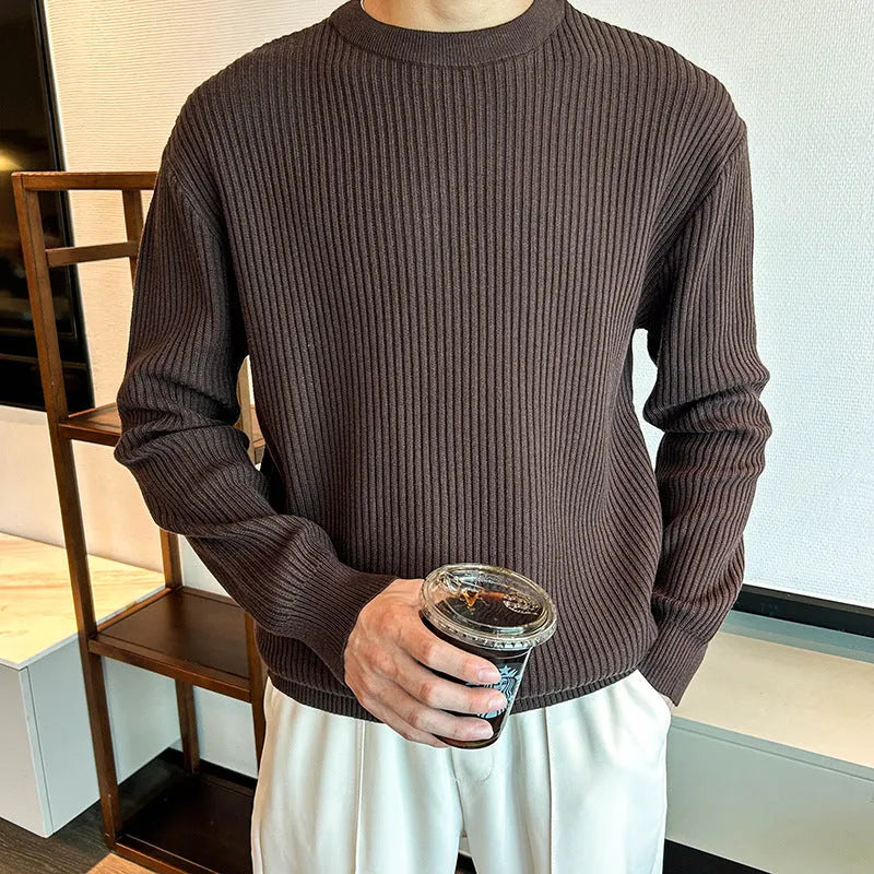 Men's thick bamboo fibre ice silk sweater in light gray, loose fit, round neck, striped pattern