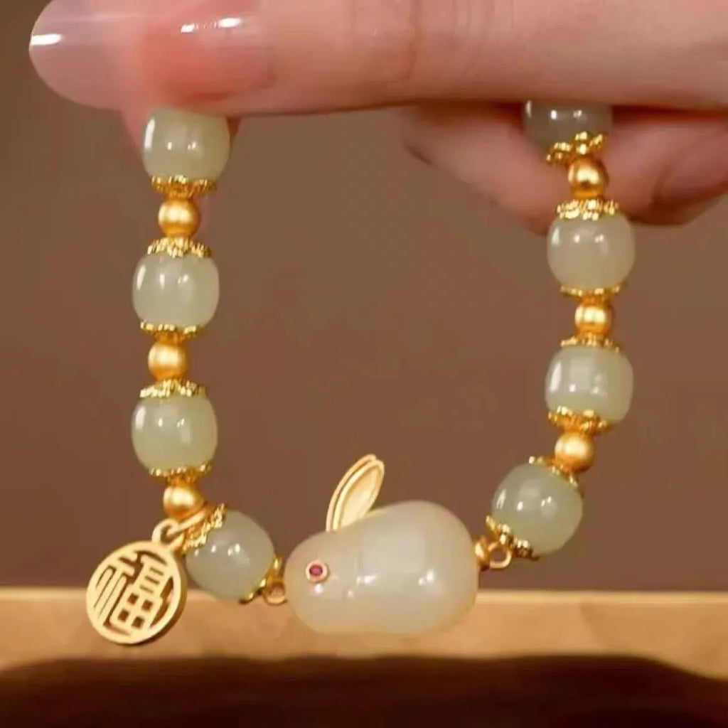 Green lucky jade bracelet with fu character charm and adjustable beaded design