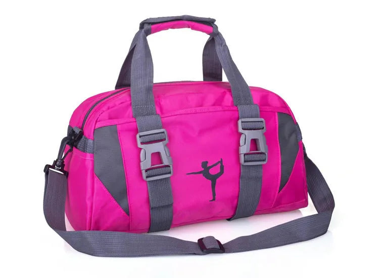 Nylon yoga gym bag in medium or large size, shown in available colours like black, blue, green, pink, purple, and rose red.