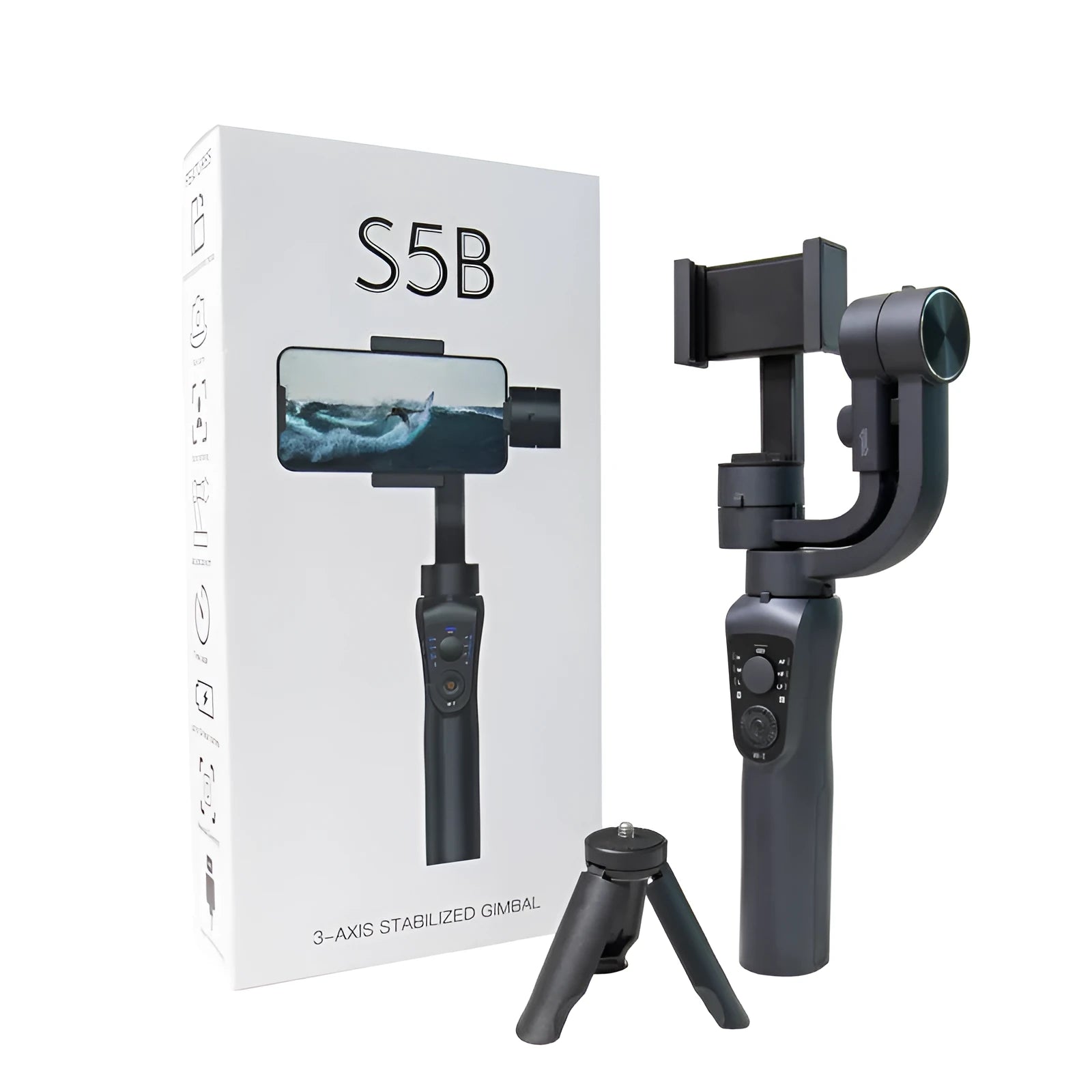 Black three-axis handheld gimbal stabilizer for mobile phones with tripod and cases
