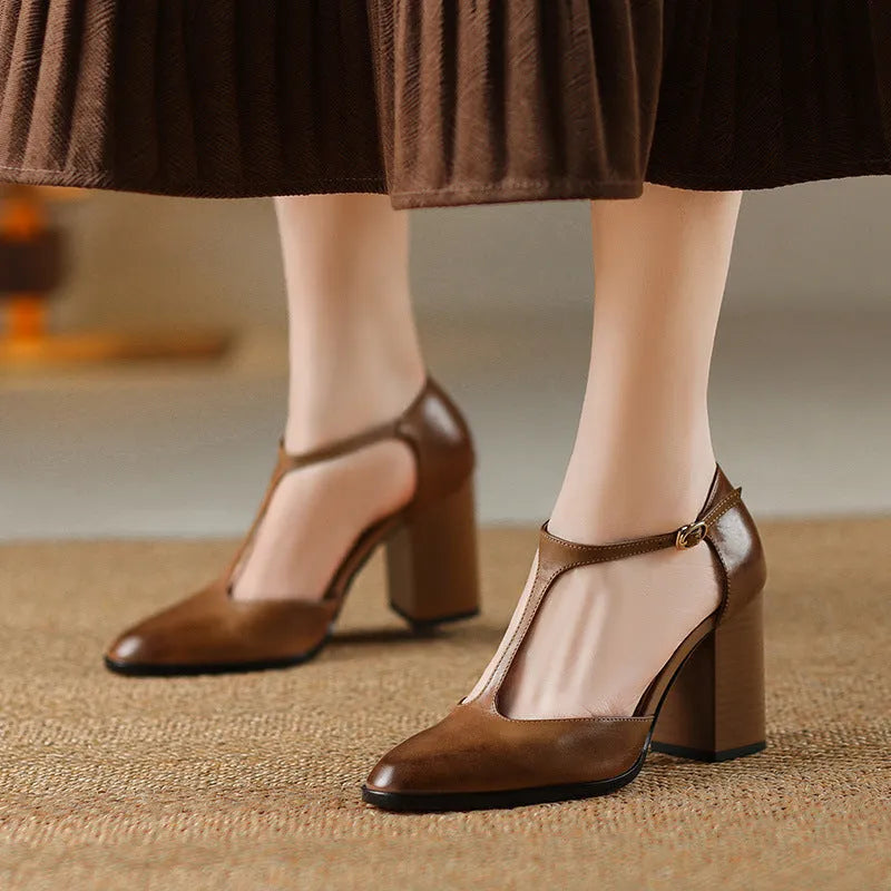 Baotou hollow women's retro pointed Mary Jane shoes in cowhide, showing buckle and hollow vamp design.