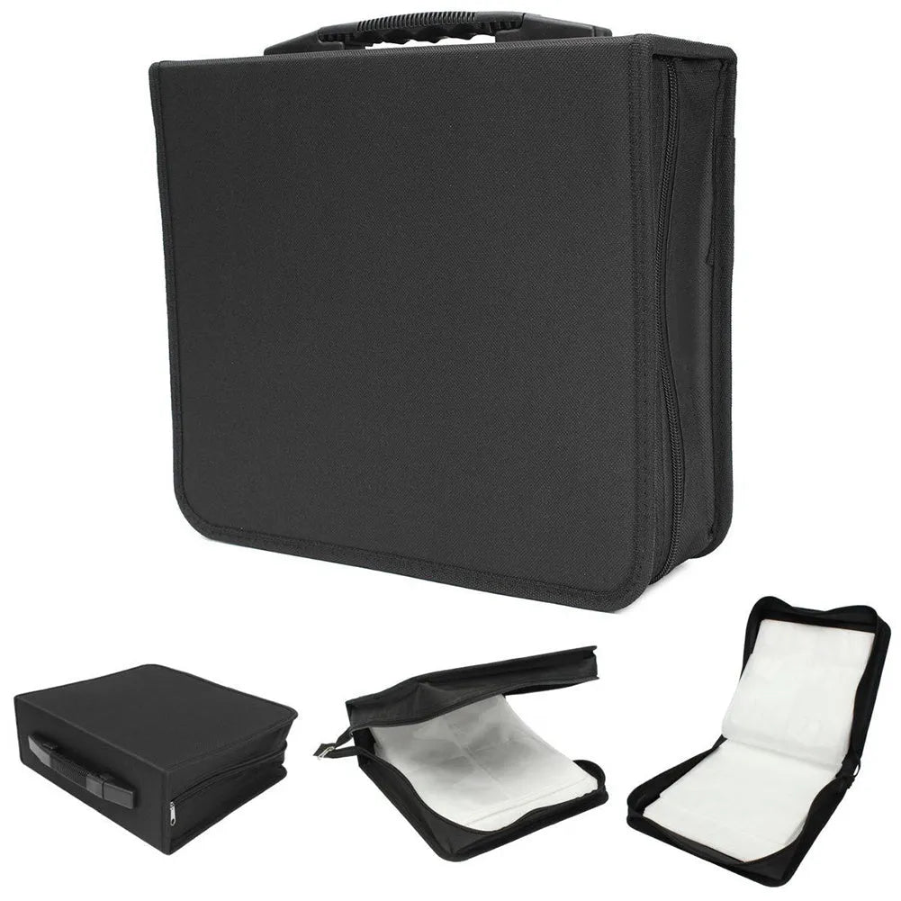 Black Oxford fabric CD storage organiser bag with zipper closure and top hand strap.