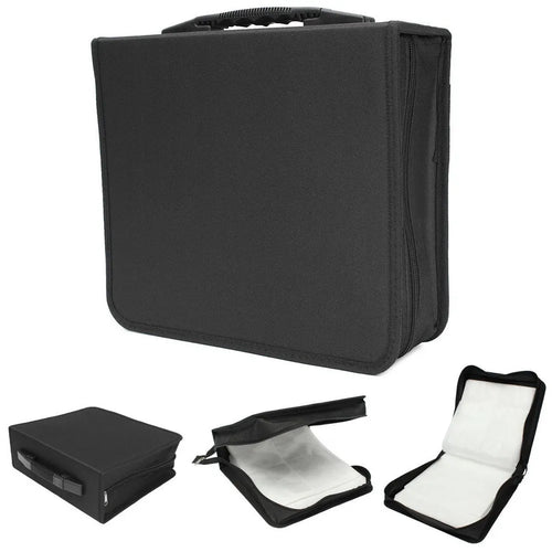 Black Oxford fabric CD storage organiser bag with zipper closure and top hand strap.