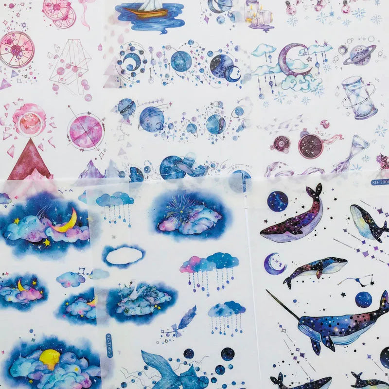Abu Japanese paper sticker set showing fantasy stars design measuring 10.5cm by 14.1cm