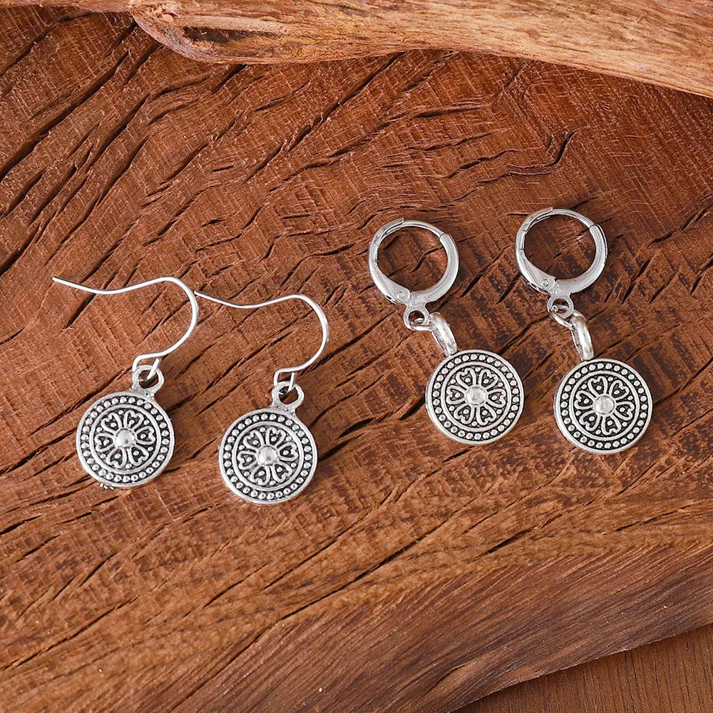 Bohemian retro geometric round earrings with distressed ethnic design in zinc alloy with electroplated finish
