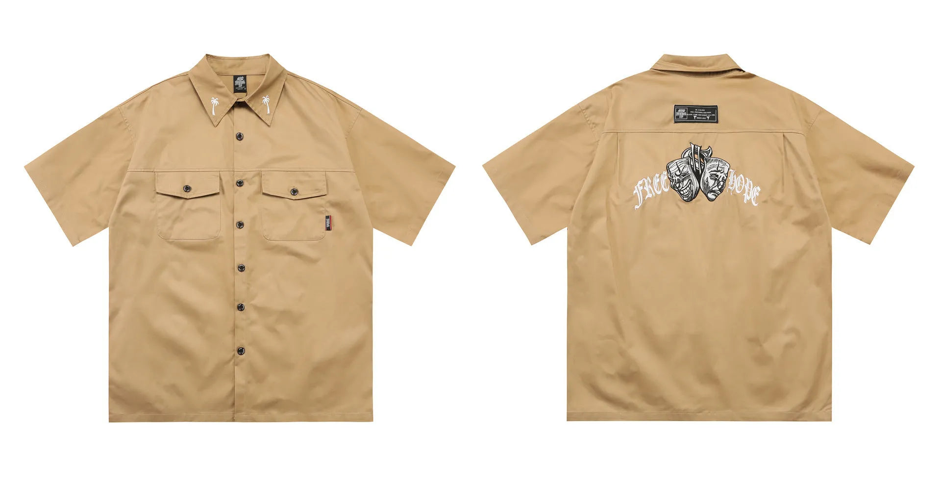 Men's black cotton blend work shirt with half sleeves and embroidered detailing, loose fit design