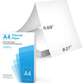 White A4 thermal paper for thermal printers in packaging showing paper size and sheet count