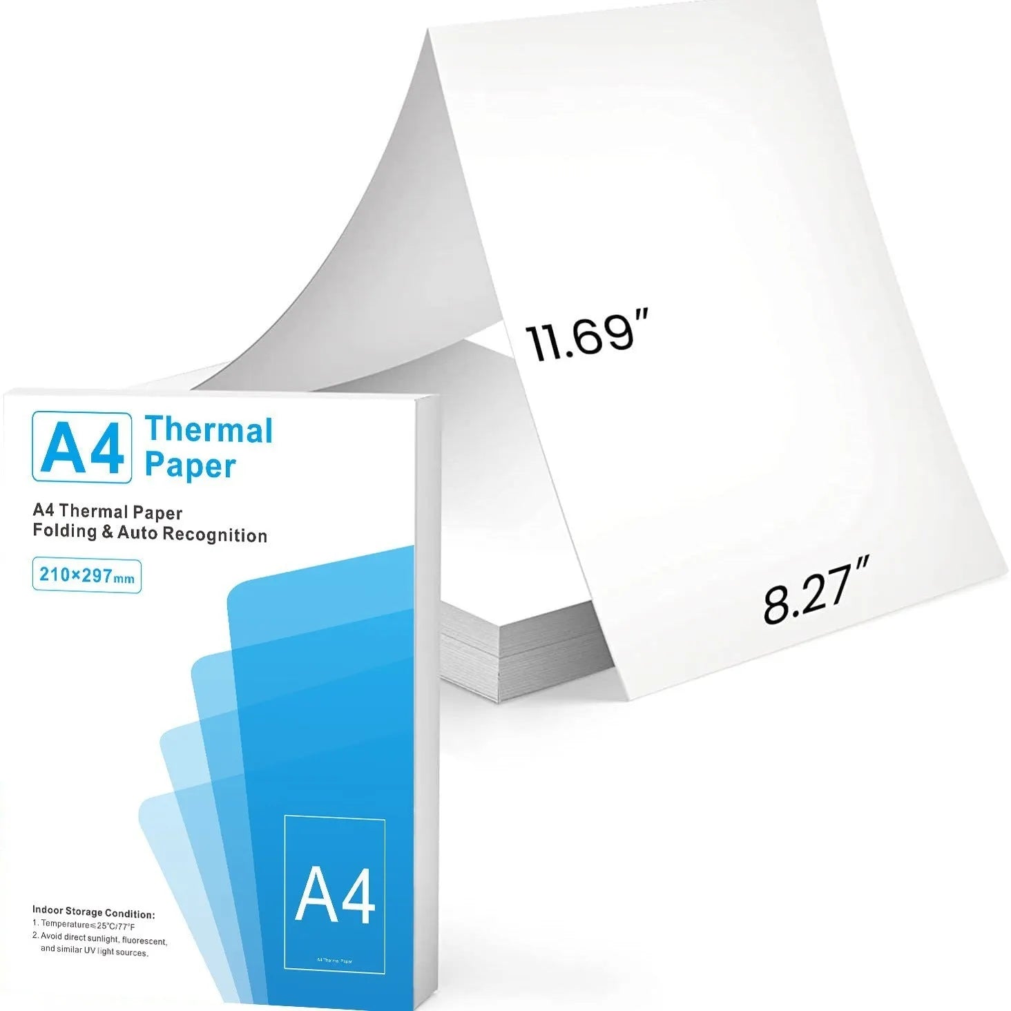 White A4 thermal paper for thermal printers in packaging showing paper size and sheet count