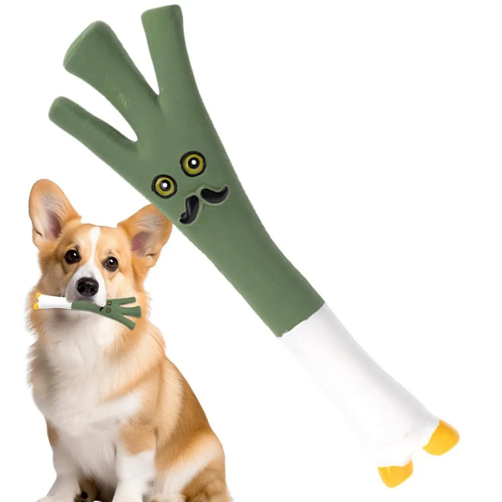 Green, orange, and purple latex vegetable dog chew toys with cartoon onion and eggplant designs