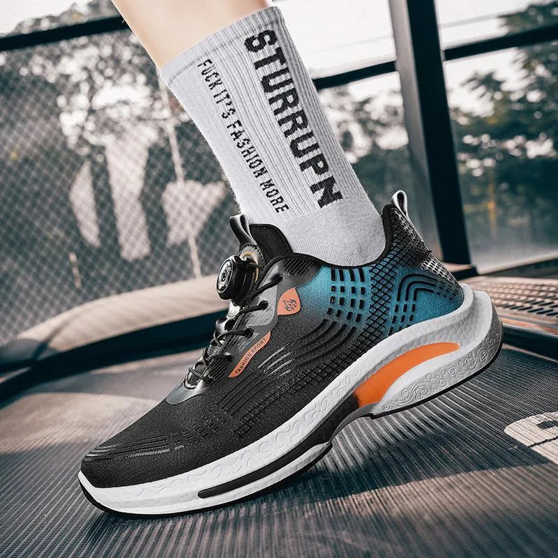 Men's low-top sneaker with mesh upper and rotating buckle, shown in white and orange colour.