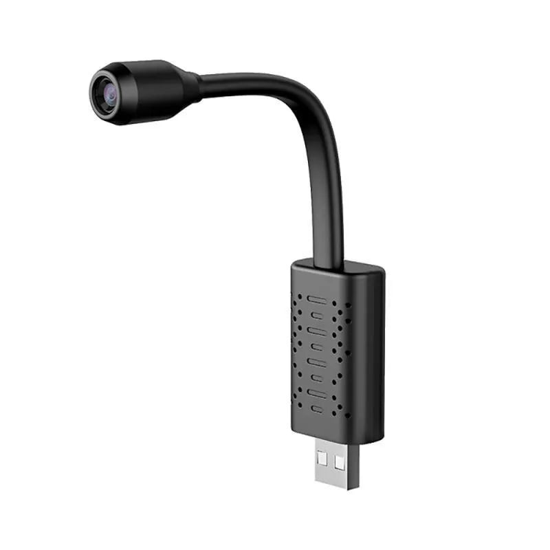 Black V380 wireless USB HD camera on a stand, showing compact size and memory card slot.