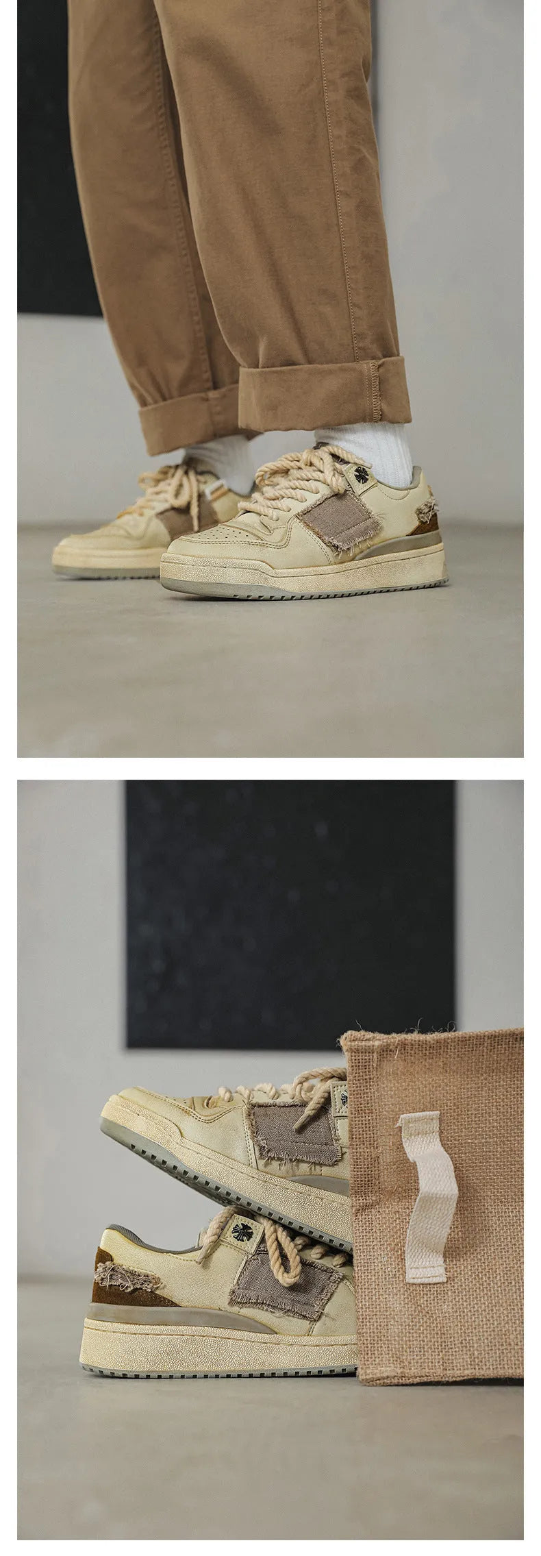Beige low-top skateboard shoes with round toe and front lace-up closure on a flat rubber sole.
