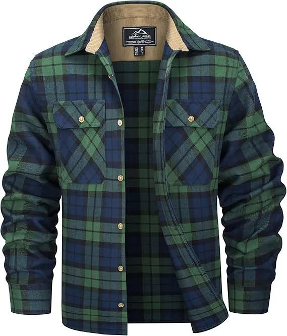 Men's flannel button shirt showing plaid pattern in multiple colour options with button-front design