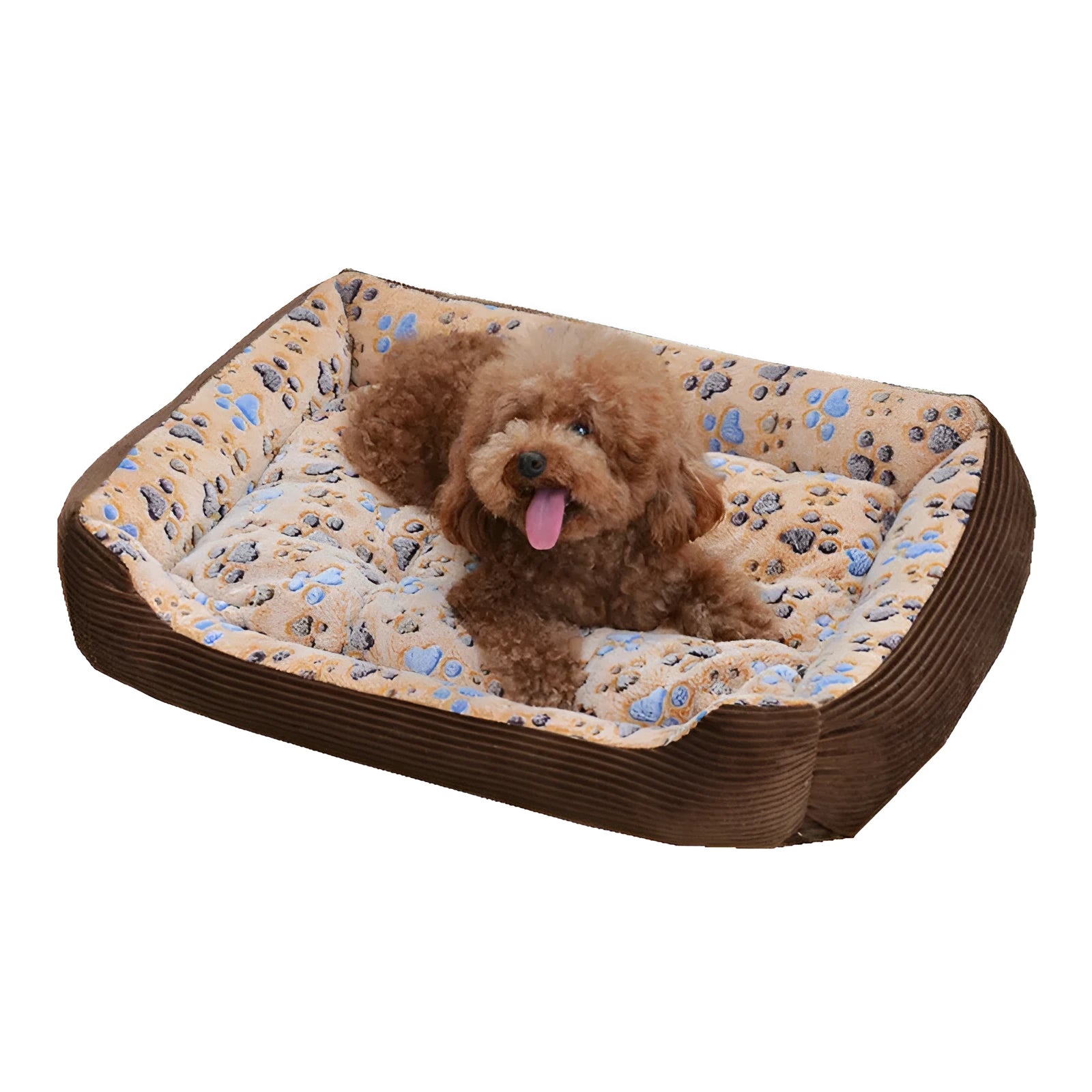 Soft plush dog bed with raised edges in beige colour showing sofa-style design for small pets