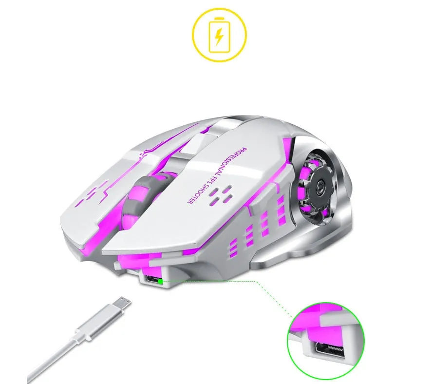 Black and white wireless silent mouse with six buttons and USB receiver